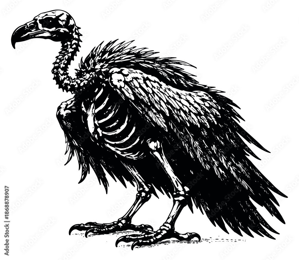 Obraz premium Hand drawn line art illustration of vulture skeleton depicting its detailed bony structure and feathers for halloween design