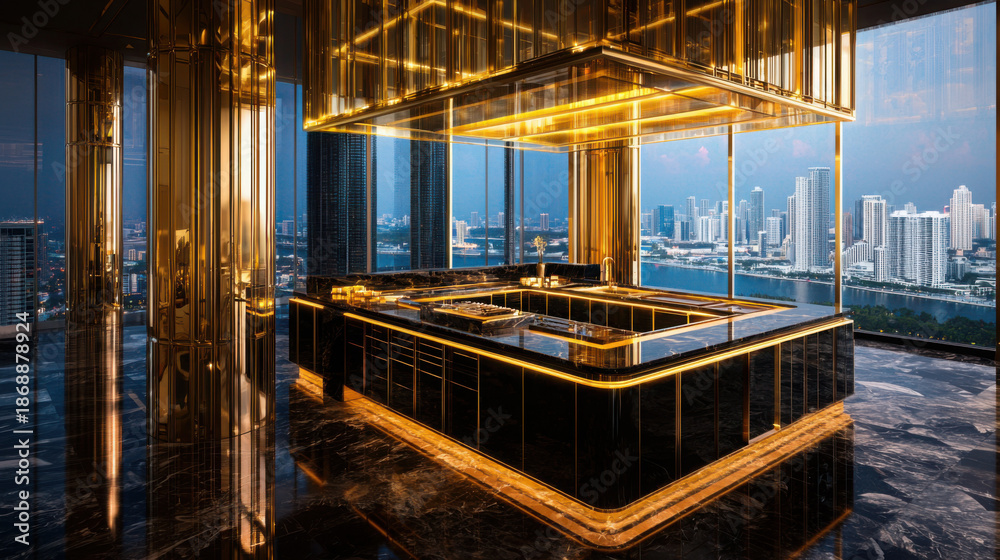 Fototapeta premium Luxurious Modern Kitchen with Golden Accents and City View