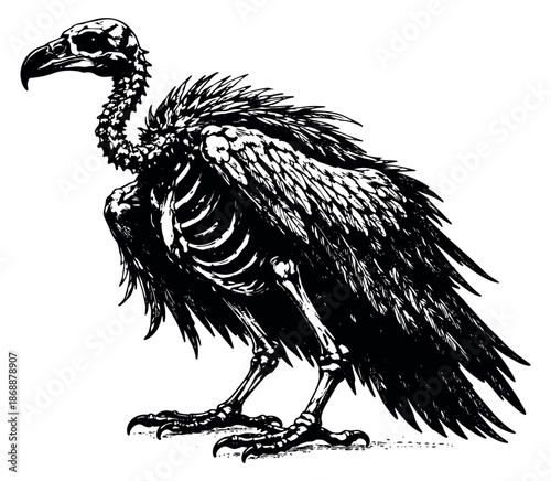 Hand drawn line art illustration of vulture skeleton depicting its detailed bony structure and feathers for halloween design