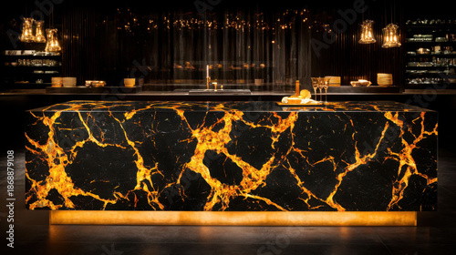 Luxurious Kitchen Island with Striking Black and Gold Marble Design
