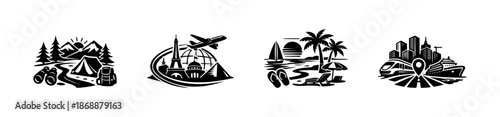 Travel adventures vector icons set. vacation and journey symbols for planning