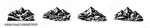 Mountain adventures vector icons set: camping, hiking and outdoor symbols