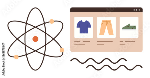 E-commerce, education, retail, digital trends, science, physics. Atomic model and webpage showing clothing items. E-commerce and education concept with a focus on online shopping and scientific ion