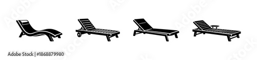 Outdoor relaxation vector icons set. lounge chairs and sunbathing symbols