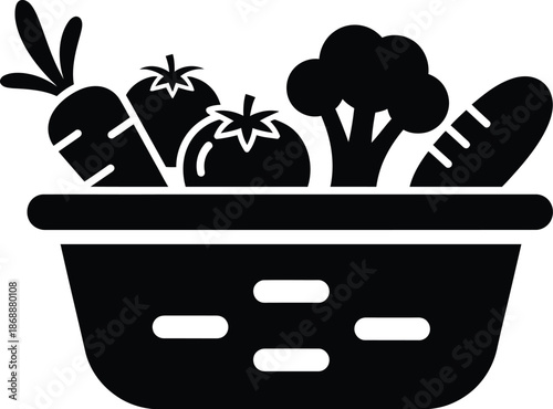Vegetables basket vector. Basket overflowing with fresh vegetables silhouette icon. 