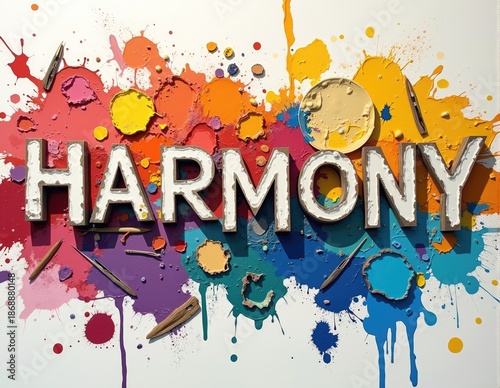 Glowing 3D letters forming the word HARMONY with soft lighting effects, rendered on calm and balanced abstract backgrounds