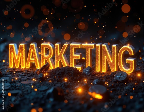 Glowing 3D letters forming the word MARKETING, with dynamic lighting effects symbolizing marketing, market strategies, and business growth