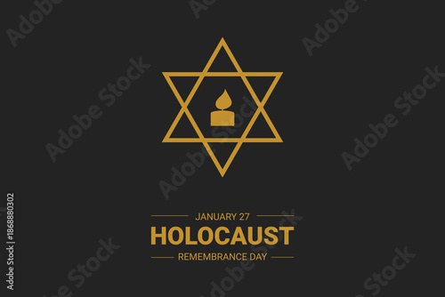 Holocaust Remembrance Day graphic with candle and gold Star of David, vector, World War II Memorial Day background.