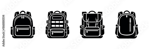 Backpack vector icons set. hiking and travel bag symbols