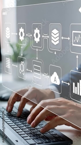 A businessman works with artificial intelligence software to automate workflow processes. He interacts with coding and data tools on a computer screen in an office setting