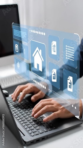 Hands interact with a digital interface showing tools for real estate transactions. The technology aids in managing property, loans, and contracts efficiently