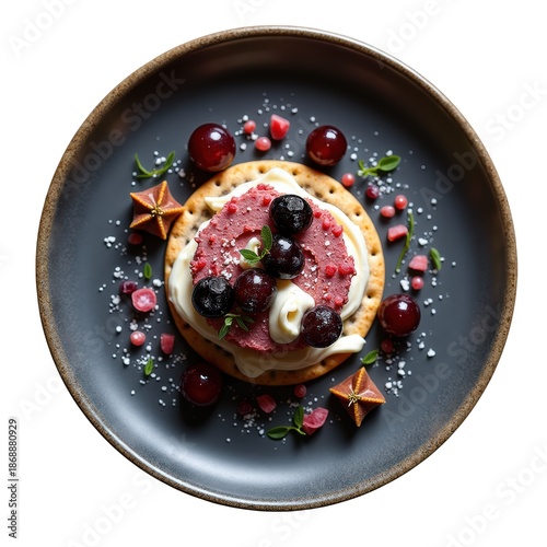 Smoked quail pate on crisp cracker with blackcurrant and clotted cream, gourmet culinary creation
