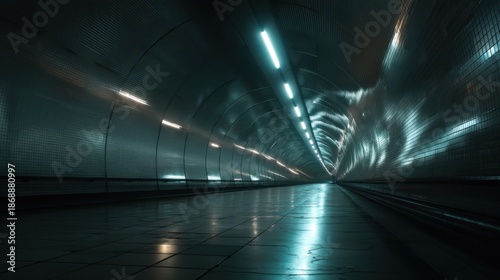 Futuristic empty underground tunnel with glowing lights and sleek metallic design.