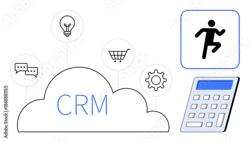 Business management, marketing, data organization, communication, innovation, analytics. Cloud with CRM text and related icons including a calculator and symbols for tasks. Business management