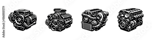 Automotive vector icons set: engine, vehicle and mechanical graphic symbols