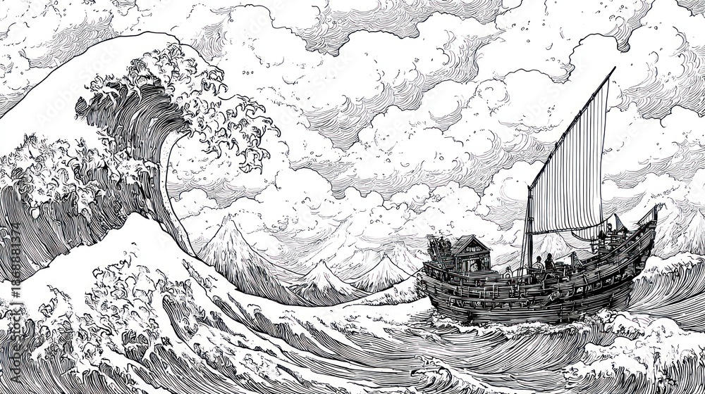 Fototapeta premium Detailed pen drawing of a ship at sea, facing a large wave, cloudy sky background