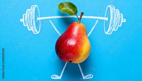 Fresh red pear lifting white chalk drawn barbell on blue background