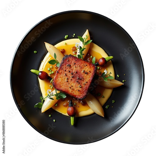 Delicious gourmet pork belly meal with crispy skin, apple puree. savory and elegant fine dining dish
