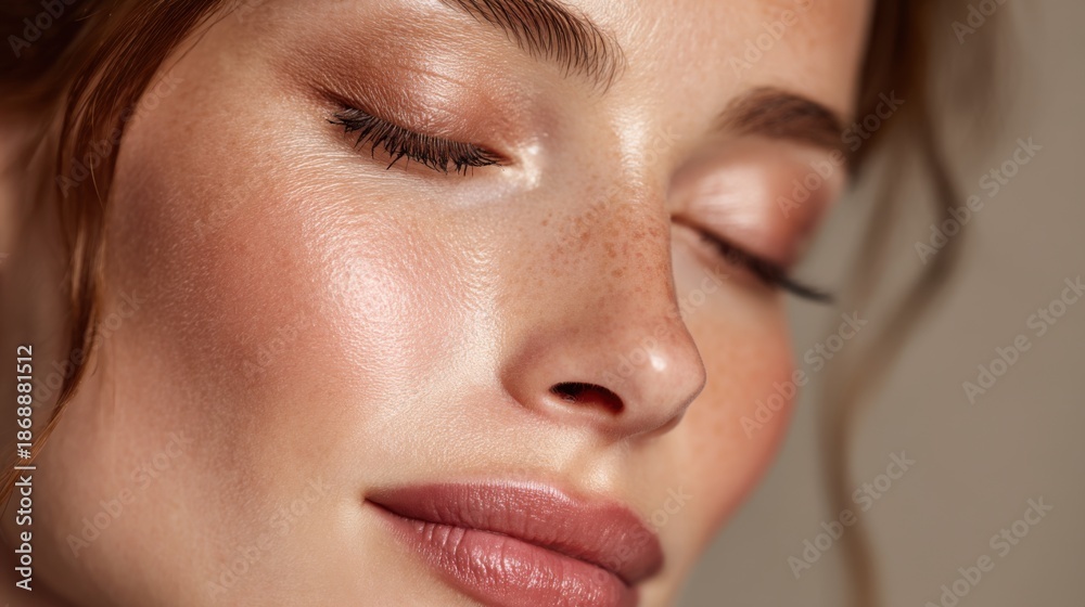 Fototapeta premium Close-up of young caucasian female with freckles and natural makeup.