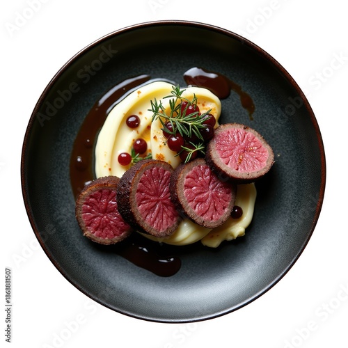 Gourmet dish of slow cooked venison loin, sliced with creamy celeriac puree and rich jus
