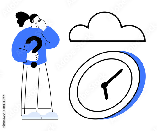 Time management, decision making, productivity, cloud technology, deadlines, problem-solving. A person holding a question mark stands near a clock and a cloud icon. Time management