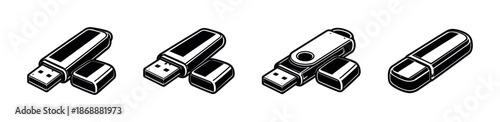 Usb flash drive vector icons set. digital storage and data transfer symbols
