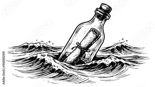 Hand drawn line art illustration of a message in a bottle depicting it floating on waves for communication and adventure concepts