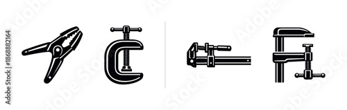 Woodworking tools vector icons set. carpenter clamps and tool symbols
