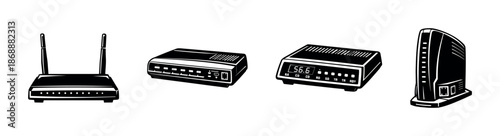 Networking devices vector icons set: routers, modems, wi-fi symbols