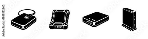 Network and storage vector icons set. data management and backup symbols