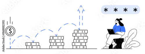 Financial growth concept. Digital tools and stacking coins illustrate financial growth. Financial strategies combine secure transactions and investment opportunities. For fintech, banking, savings