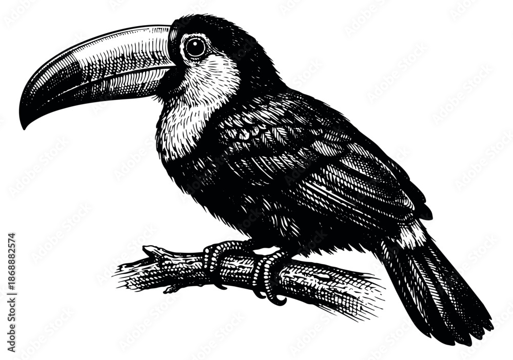 Obraz premium Hand drawn line art illustration of a toucan depicting a tropical bird perched on a branch for exotic nature designs