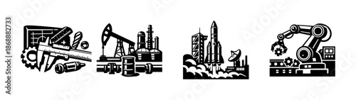 Engineering and industry vector icons set: mechanical and manufacturing symbols