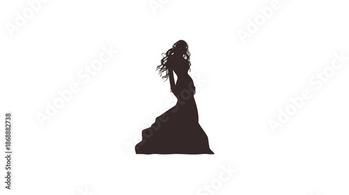 Elegant woman silhouette with long curly hair in a flowing gown, artistic female figure on white background
