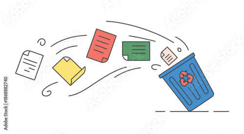 Deletion and loss of documents into a trash can, symbolizing file removal, data digital workflow, and information management processes.