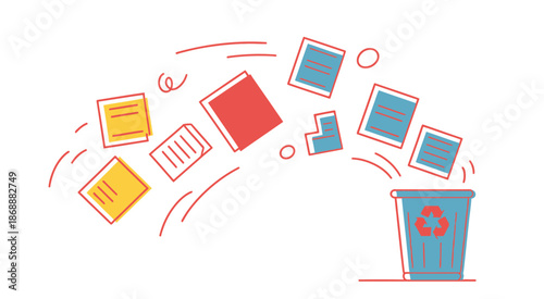 Deletion and loss of documents into a trash can, symbolizing file removal, data digital workflow, and information management processes.