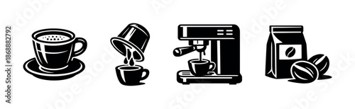 Coffee vector icons set. cafe and barista tools, espresso machine symbols