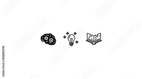 Conceptual Icons: Brain with Gears, Sparkling Lightbulb, and Open Book Symbols for Intelligence, Ideas, Knowledge, and Learning