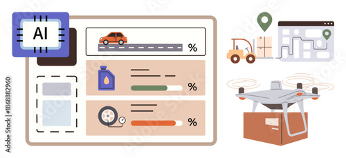 Logistics, automation, supply chain, AI technology, data monitoring, quadcopter delivery. Elements include AI chip, dashboard with metrics map vehicle and Quadcopter. Logistics and automation