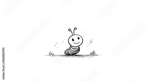Cute happy cartoon worm character illustration, hand-drawn sketch doodle of a cheerful smiling caterpillar on white background.