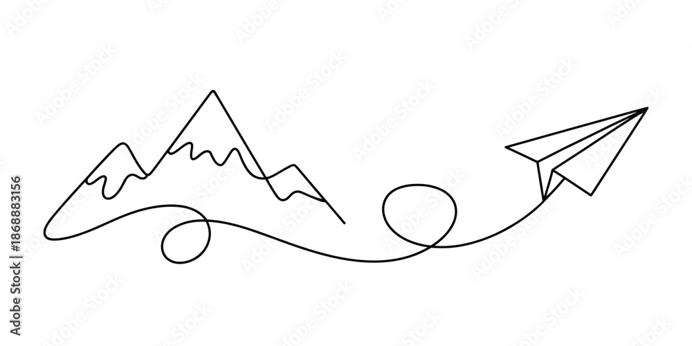 Fototapeta premium A minimalist line drawing of a paper airplane soaring towards a mountain range