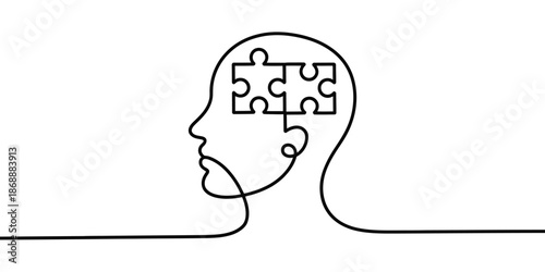 A minimalist line drawing of a human head with a puzzle piece brain, symbolizing problem solving and mental health.
