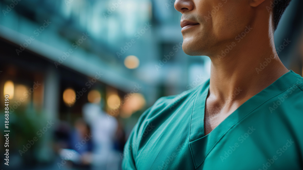 Fototapeta premium Faceless medical professional in green scrubs, hospital corridor standing portrait, healthcare content photography, clinical environment setting, professional services