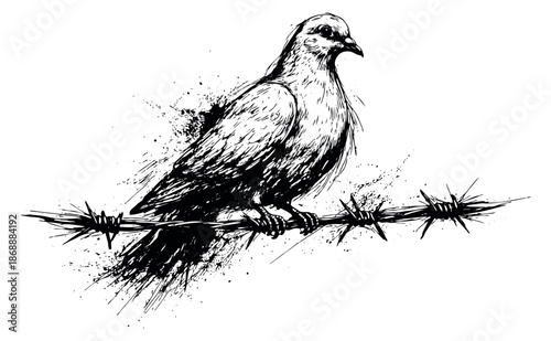 Hand drawn illustration of a dove depicting a struggle for peace on barbed wire for social and political themes