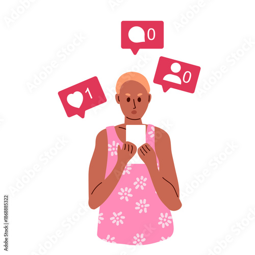 Obsession with social media. Constant browsing of social networks, mindless browsing. Unsuccessful blogger. Few views and likes. Girl with short hair looking at phone, next symbols of social networks.
