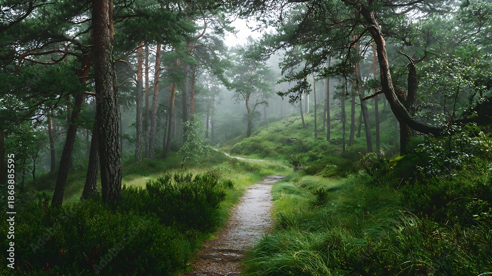 Obraz premium Winding path through lush, misty forest, evoking a sense of tranquility and mystery