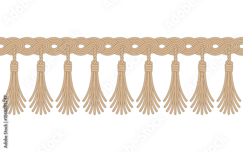 Decorative rope tassel fringe border element, vector illustration featuring detailed ornamental design, ideal for invitations, stationery, posters, packaging, and elegant graphic or interior design