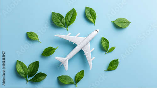 White airplane model with green leaves on a light blue background, representing sustainable travel, eco-friendly aviation, and environmental conservation in the tourism industry