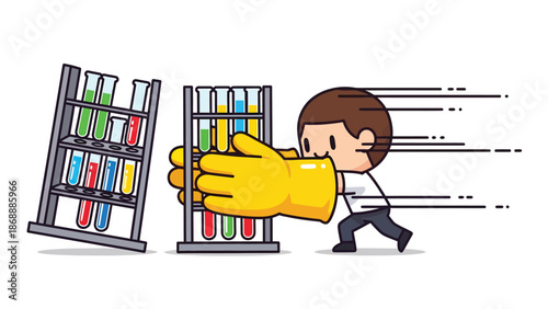 Cartoon Scientist Racing to Save Falling Test Tubes with Oversized Glove