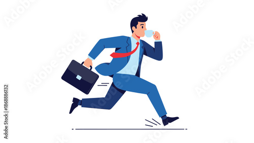 Businessman in a Hurry with Coffee and Briefcase on White Background